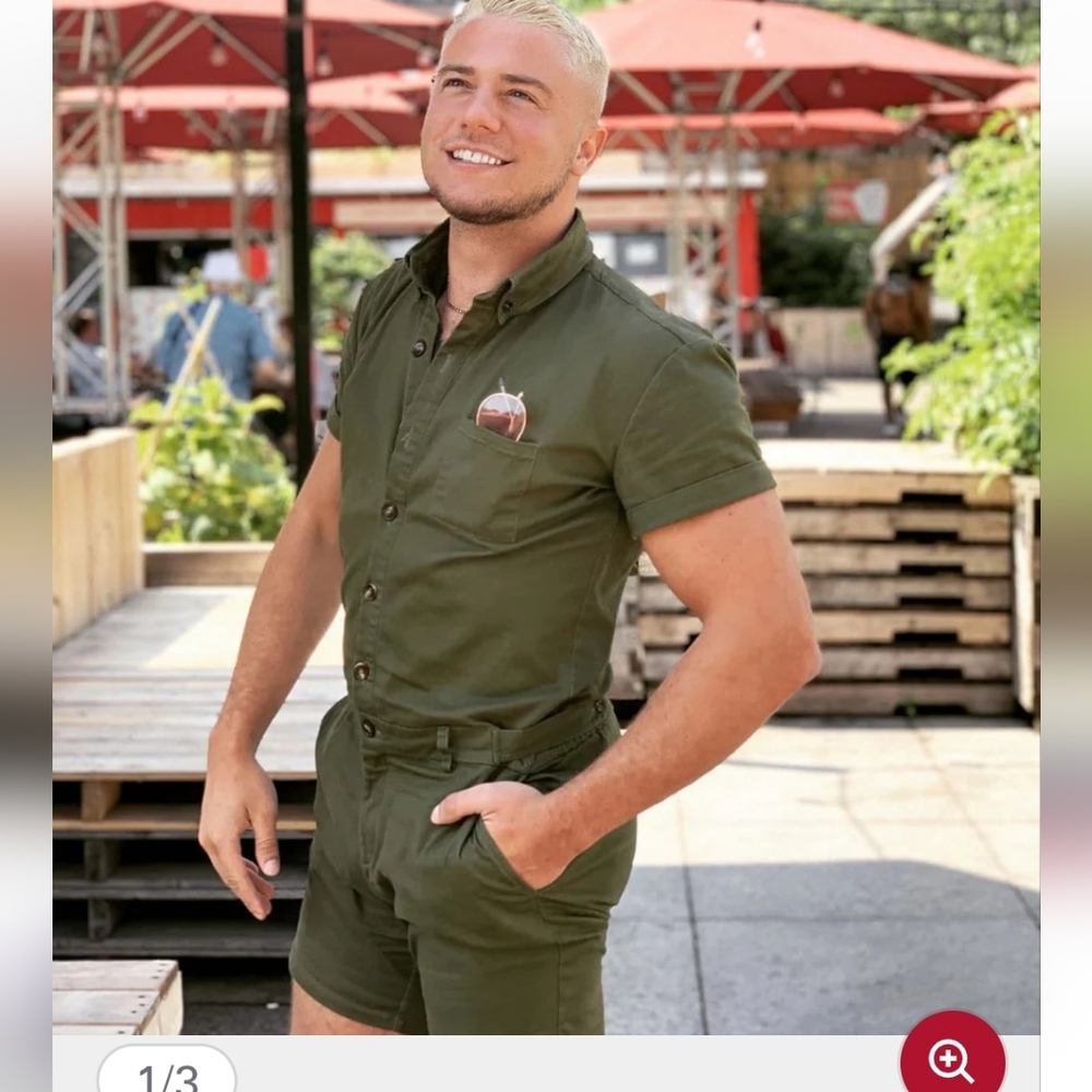 Mens NWT Romper Jack Green Short Sleeve Button-Up Romper Jumpsuit‎